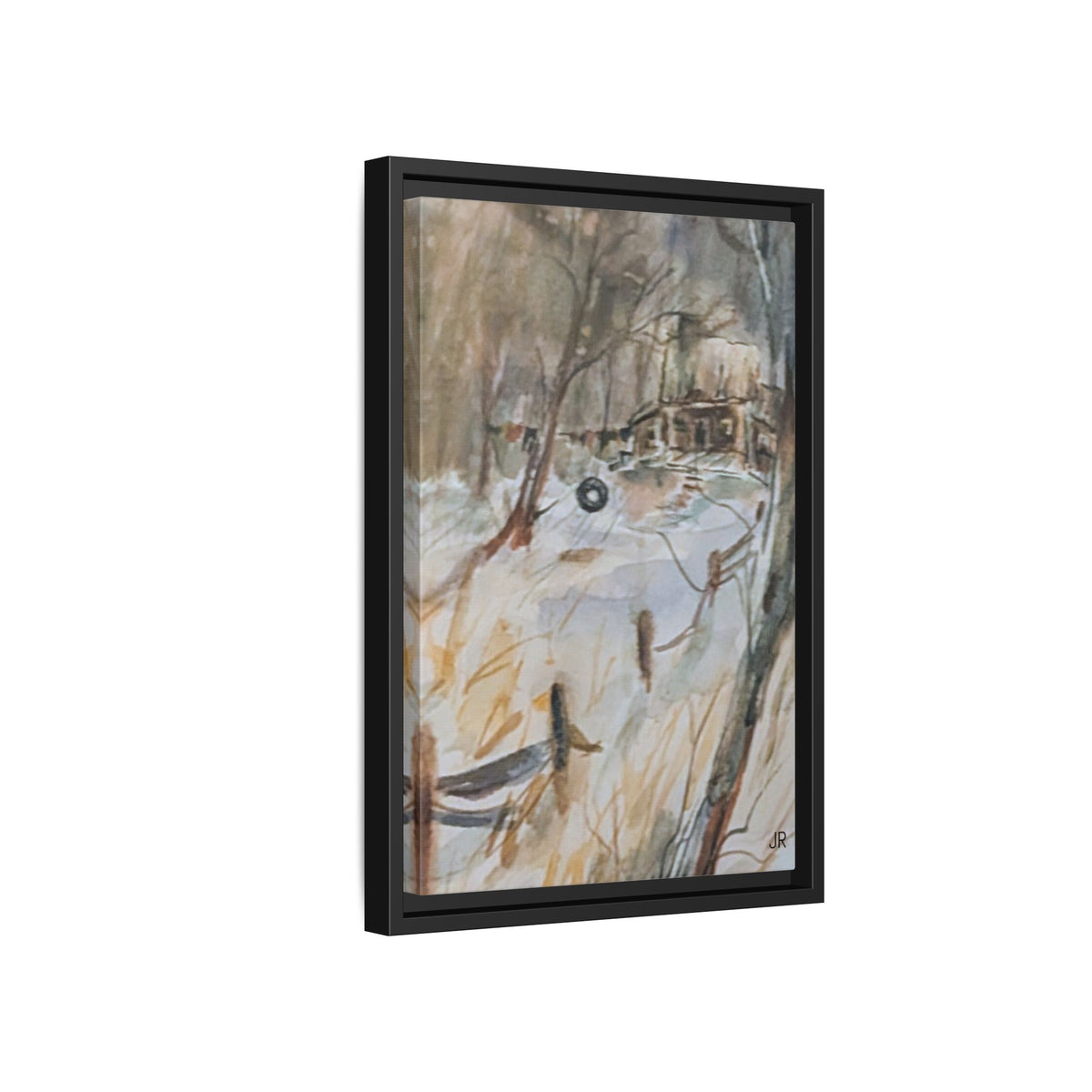 Winter Cabin Landscape Framed Canvas Print