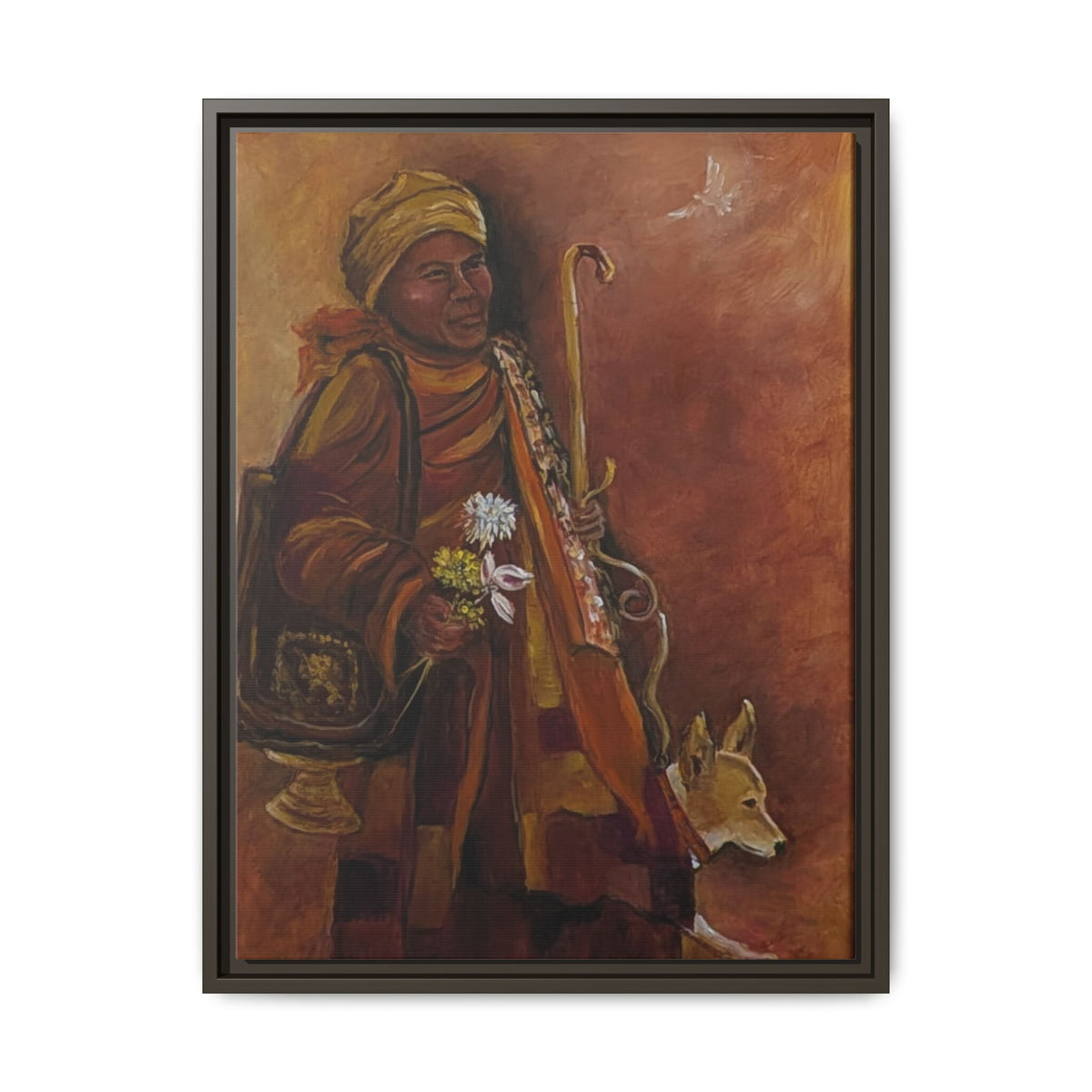 Monk & Dog & Dove Matte Canvas Framed | Earth Tone Wall Art