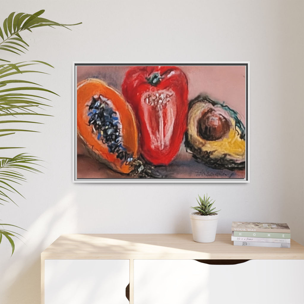 Framed Matte Canvas Art — Vibrant Still Life: Papaya, Red Pepper & Avocado