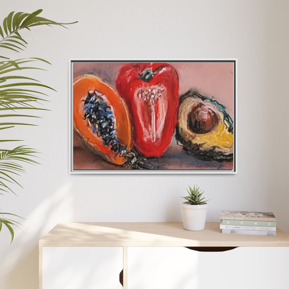 Framed Matte Canvas Art — Vibrant Still Life: Papaya, Red Pepper & Avocado