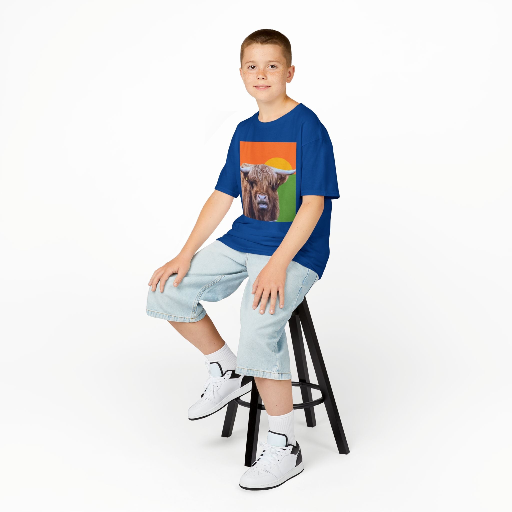 Highland Cow Sunset Kids Tee | Scottish Cattle Animal Graphic
