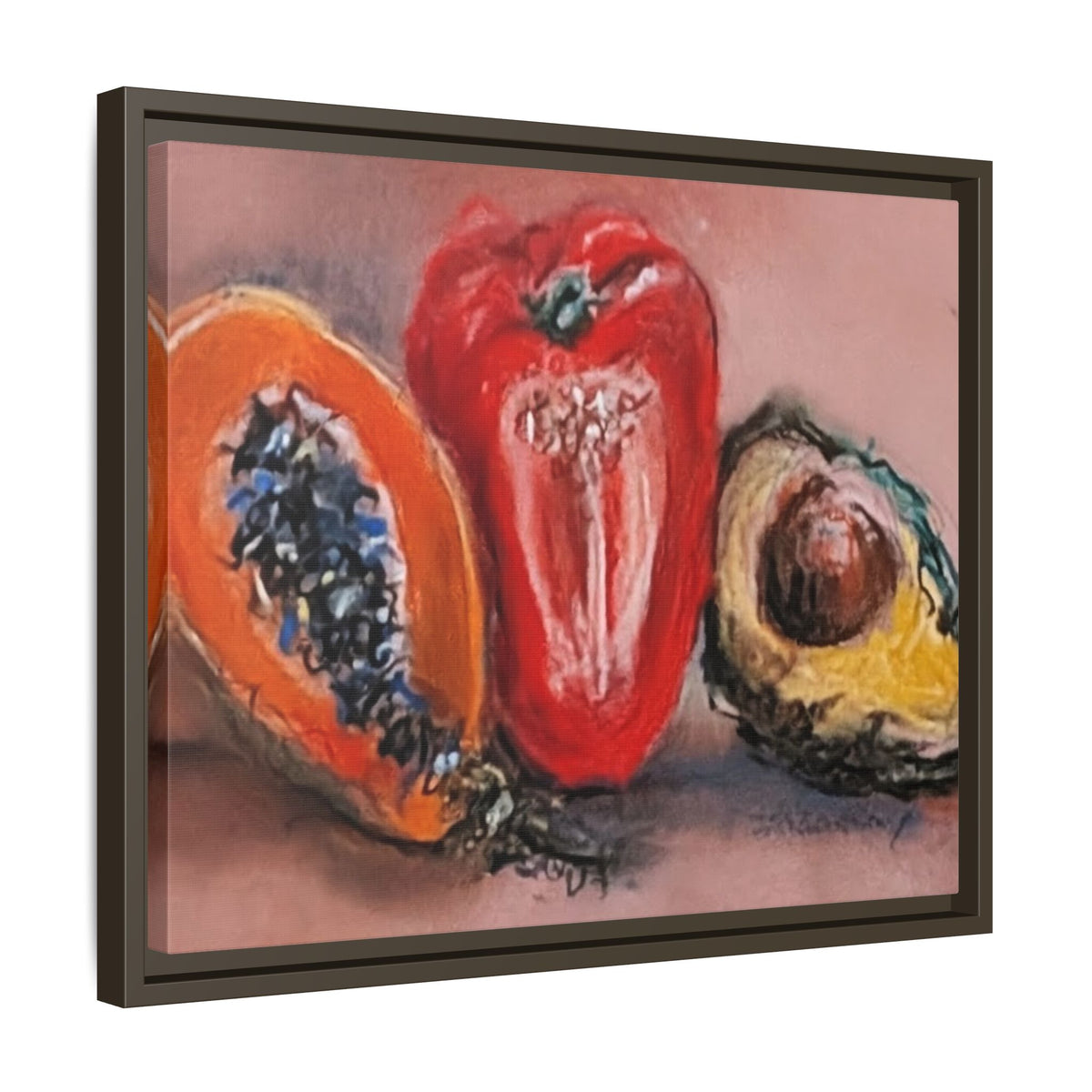 Framed Matte Canvas Art — Vibrant Still Life: Papaya, Red Pepper & Avocado