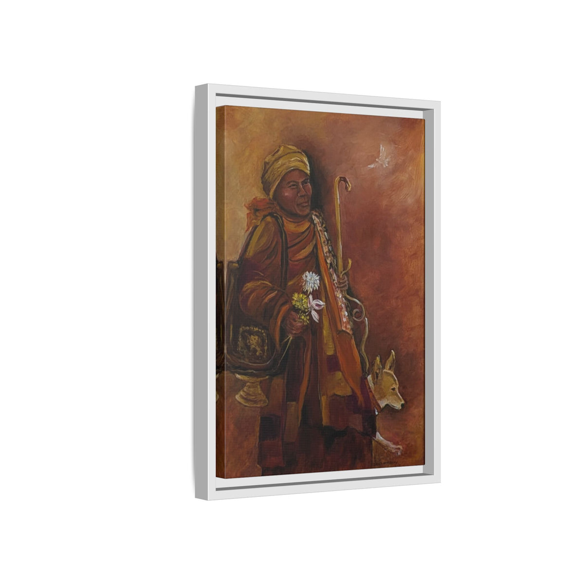 Monk & Dog & Dove Matte Canvas Framed | Earth Tone Wall Art