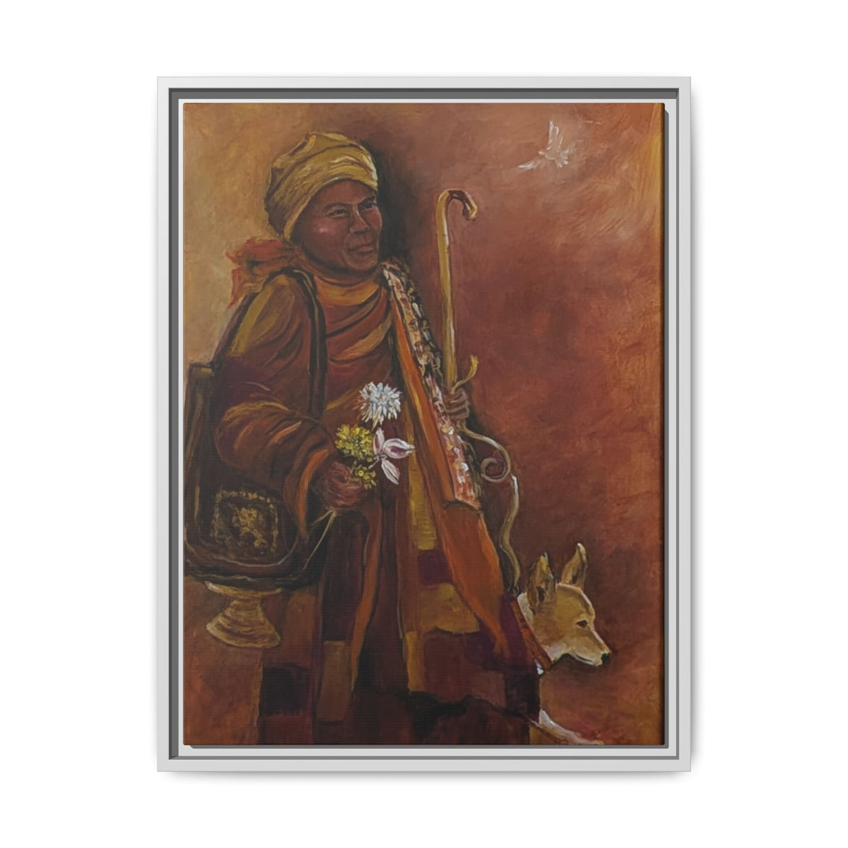 Monk & Dog & Dove Matte Canvas Framed | Earth Tone Wall Art