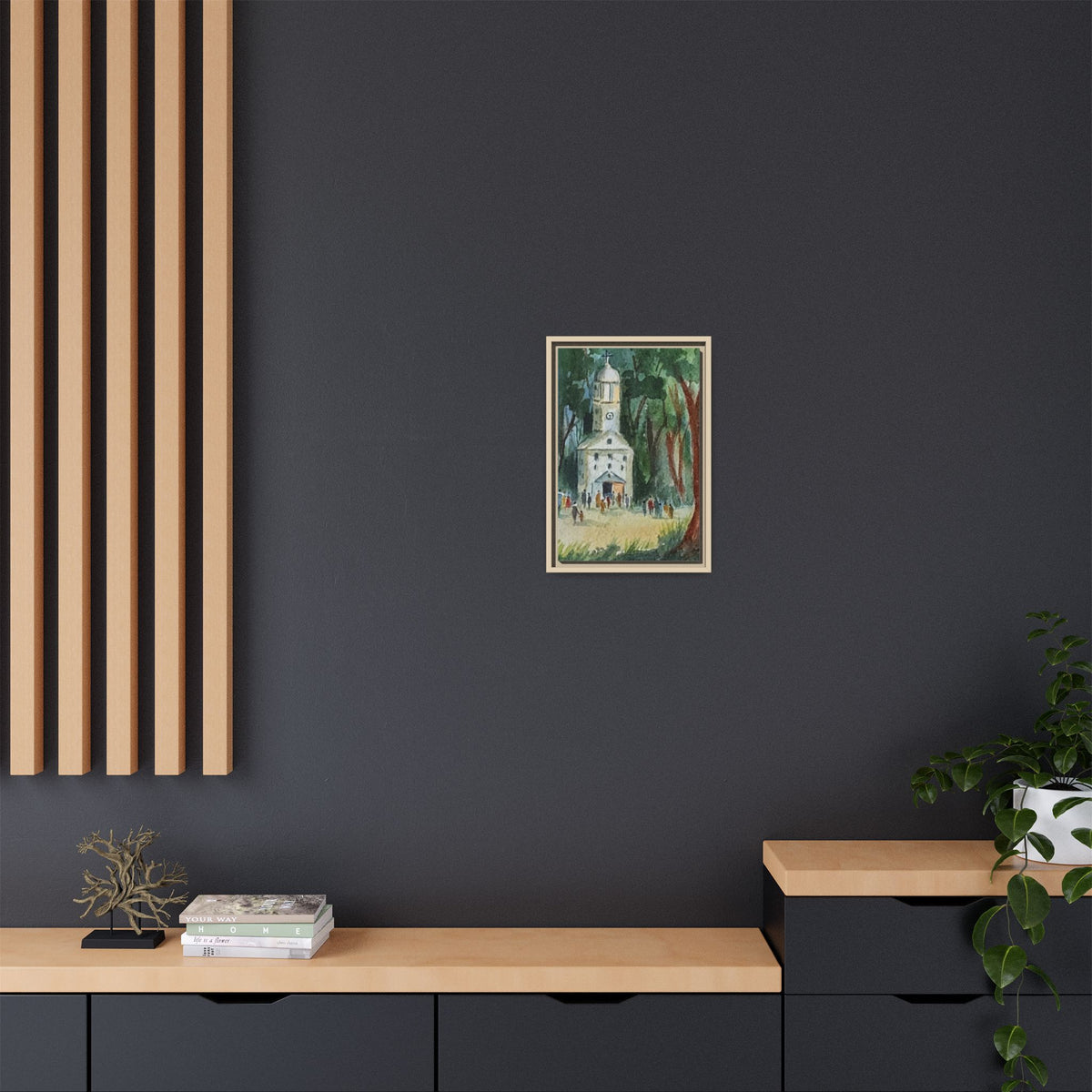 Framed Matte Canvas Print — Watercolor Church in Woodland Scene