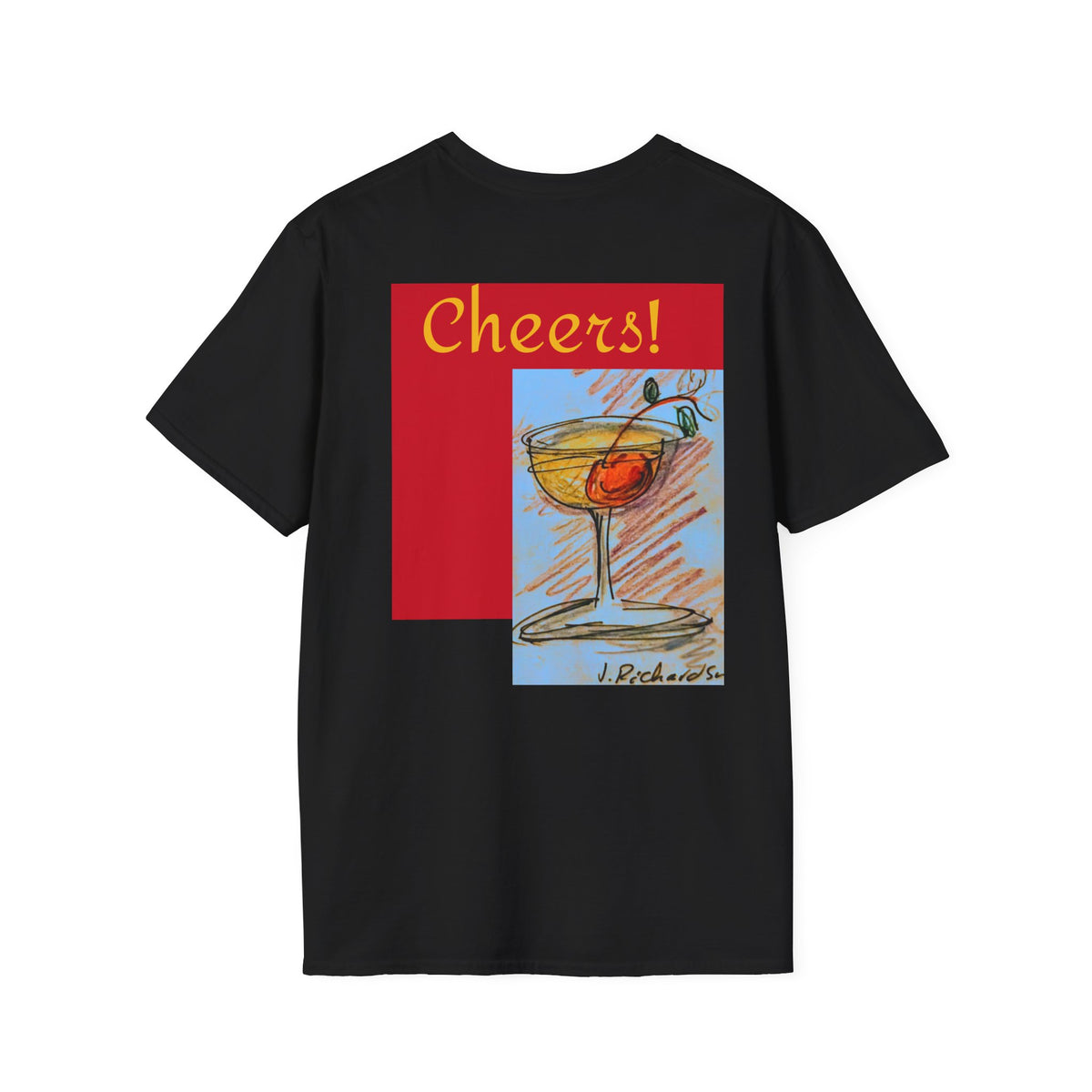 Cheers cocktail Unisex T Shirt, back design, "Cheers' script front