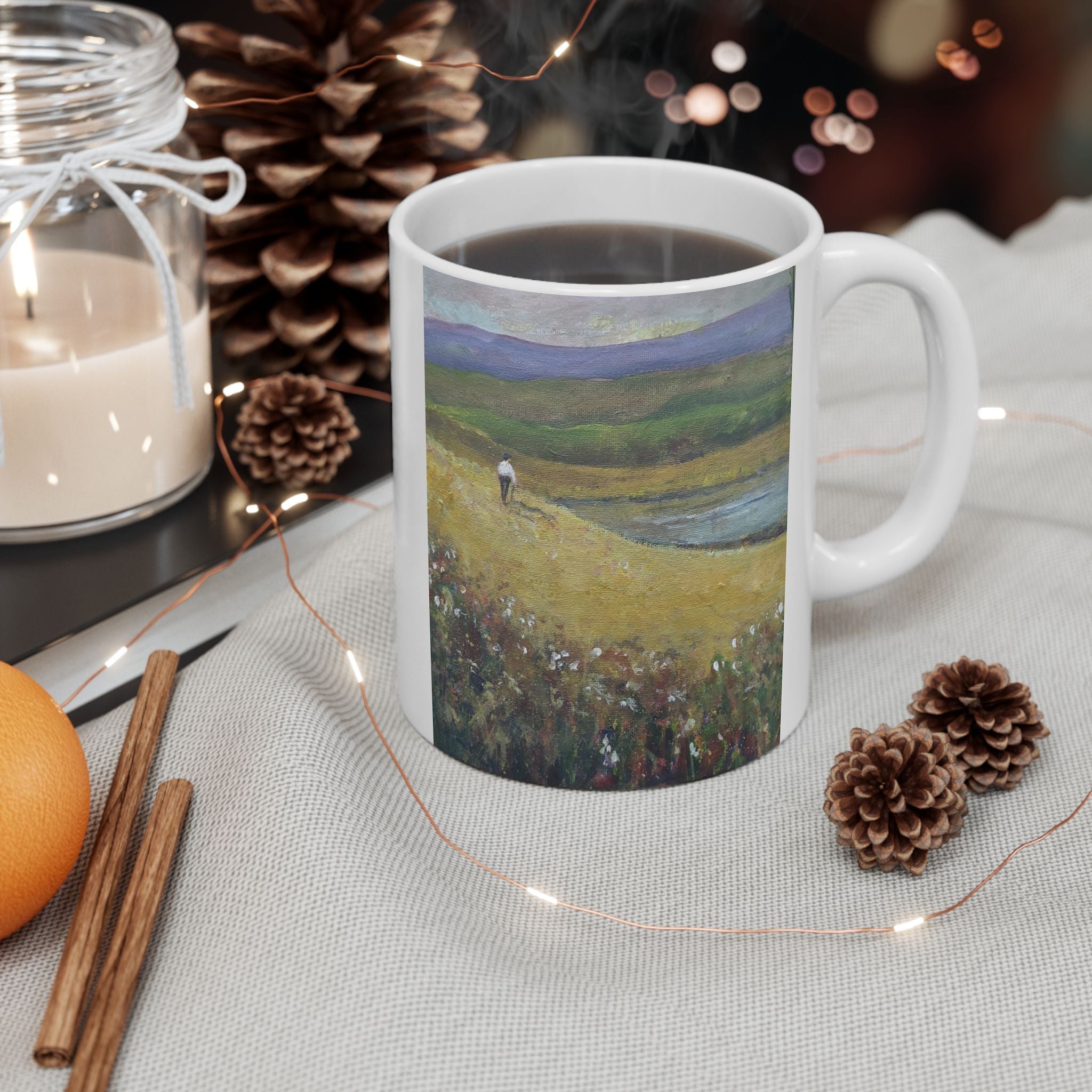 Landscape Art Ceramic Mug — Countryside Meadow Painting Coffee Cup (11oz, 15oz)