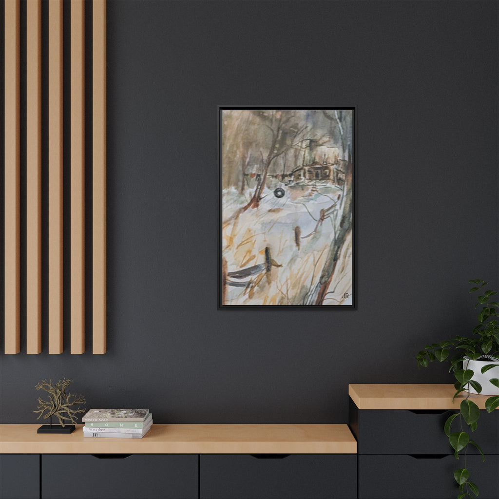 Winter Cabin Landscape Framed Canvas Print