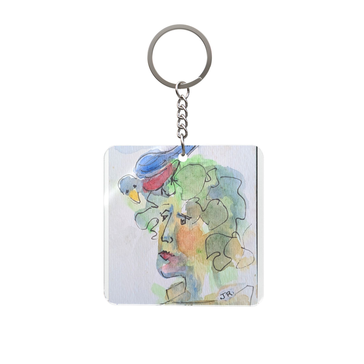 Square Keychain -  Bird on head watercolor Art Keyring