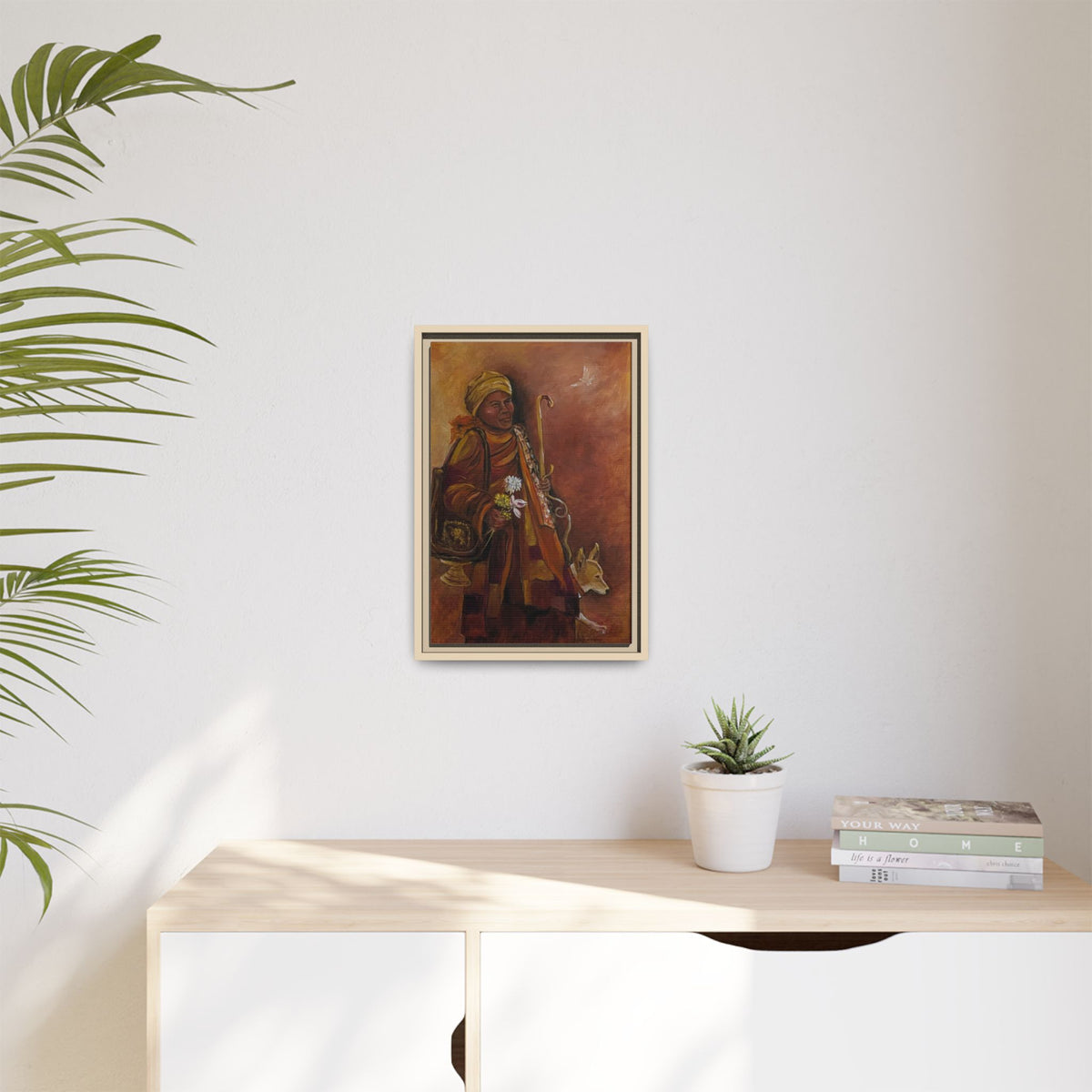 Monk & Dog & Dove Matte Canvas Framed | Earth Tone Wall Art